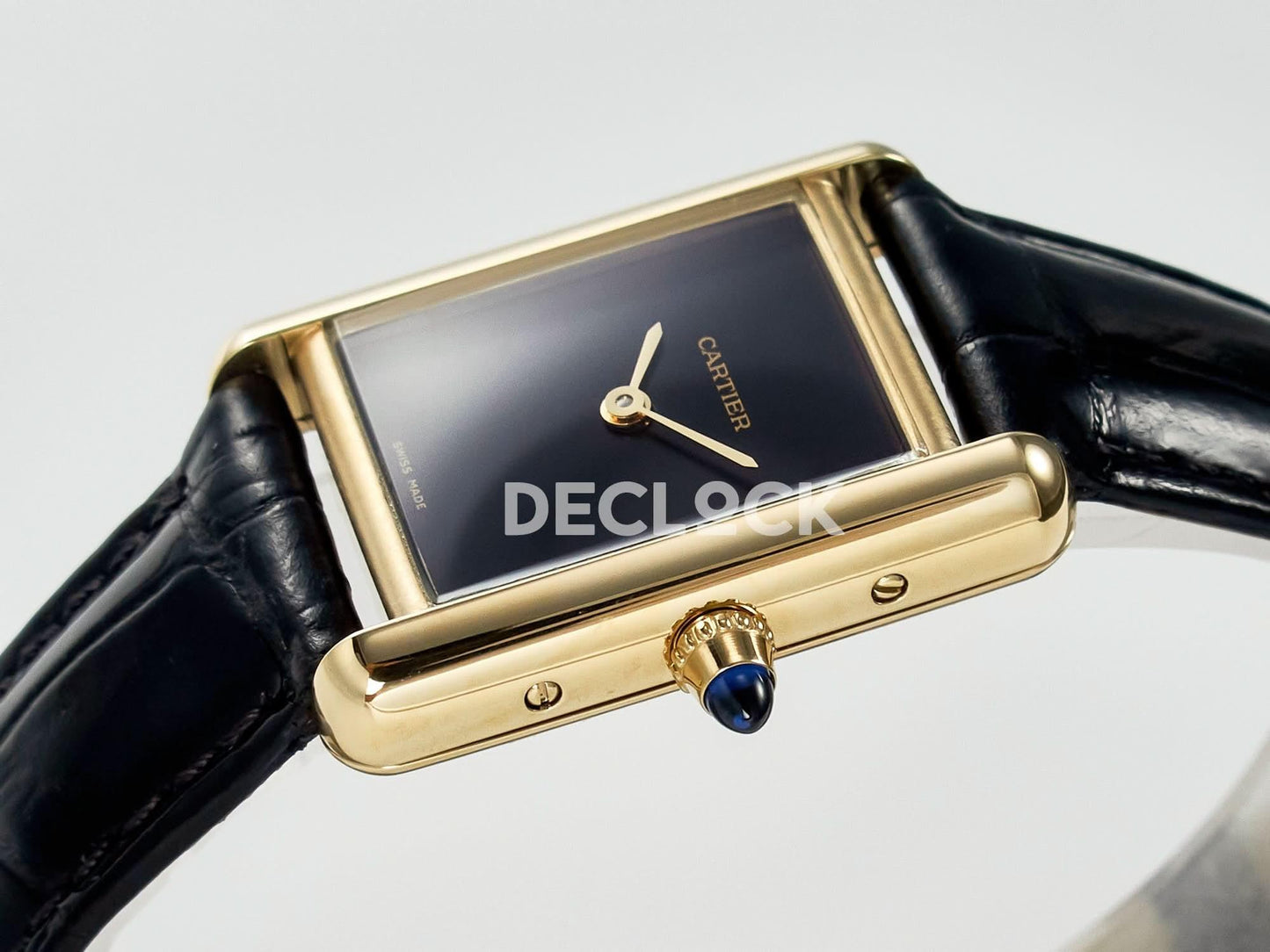 Replica Cartier Tank Louis Cartier Small YG 29mm Black Dial on Black Leather Strap |  Declock.