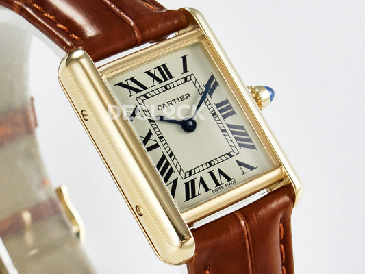 Replica Cartier Tank Must Small YG 29mm YG Dial on Brown Leather Strap Swiss Quartz |  Declock.