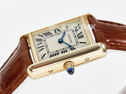 Replica Cartier Tank Must Small YG 29mm YG Dial on Brown Leather Strap Swiss Quartz |  Declock.