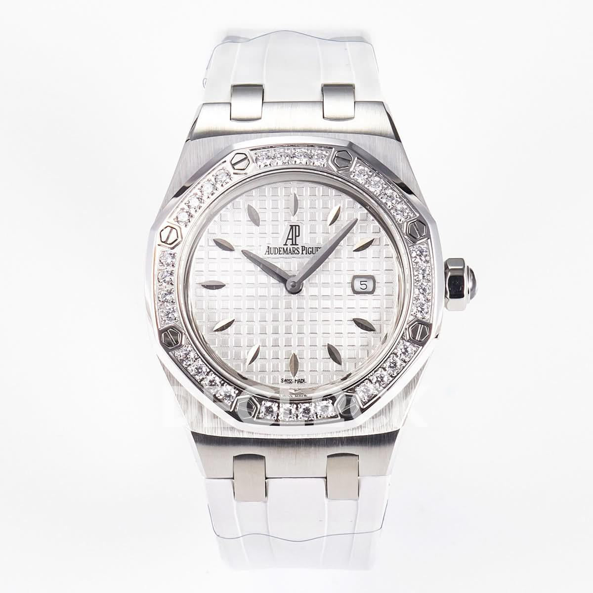 Replica Audemars Pigeut Royal Oak Offshore Ladies 33mm SS DRF Best Edition White Dial Diamonds Bezel on White Rubber Strap |  Declock.