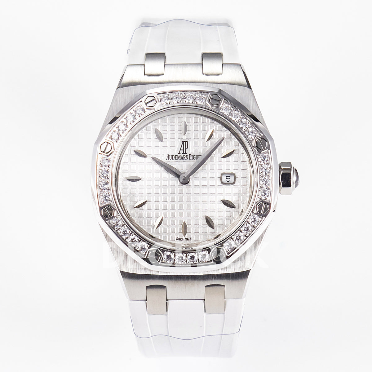 Royal Oak Offshore Ladies 33mm SS DRF Best Edition White Dial Diamonds Bezel on White Rubber Strap