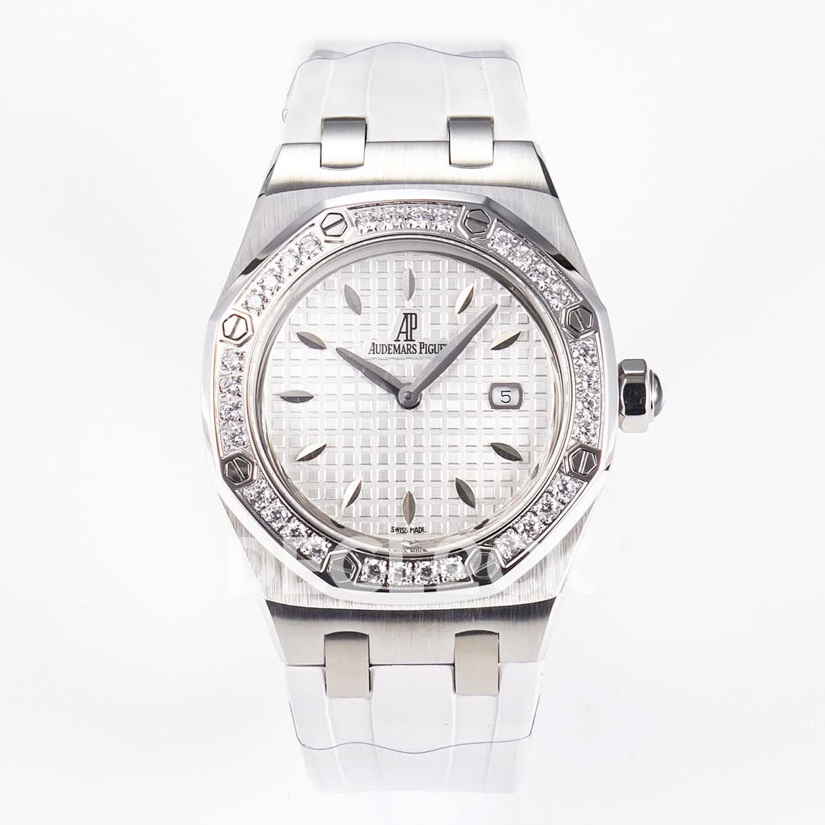 Royal Oak Offshore Ladies 33mm SS DRF Best Edition White Dial Diamonds Bezel on White Rubber Strap