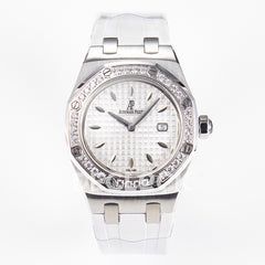 Royal Oak Offshore Ladies 33mm SS DRF Best Edition White Dial Diamonds Bezel on White Rubber Strap