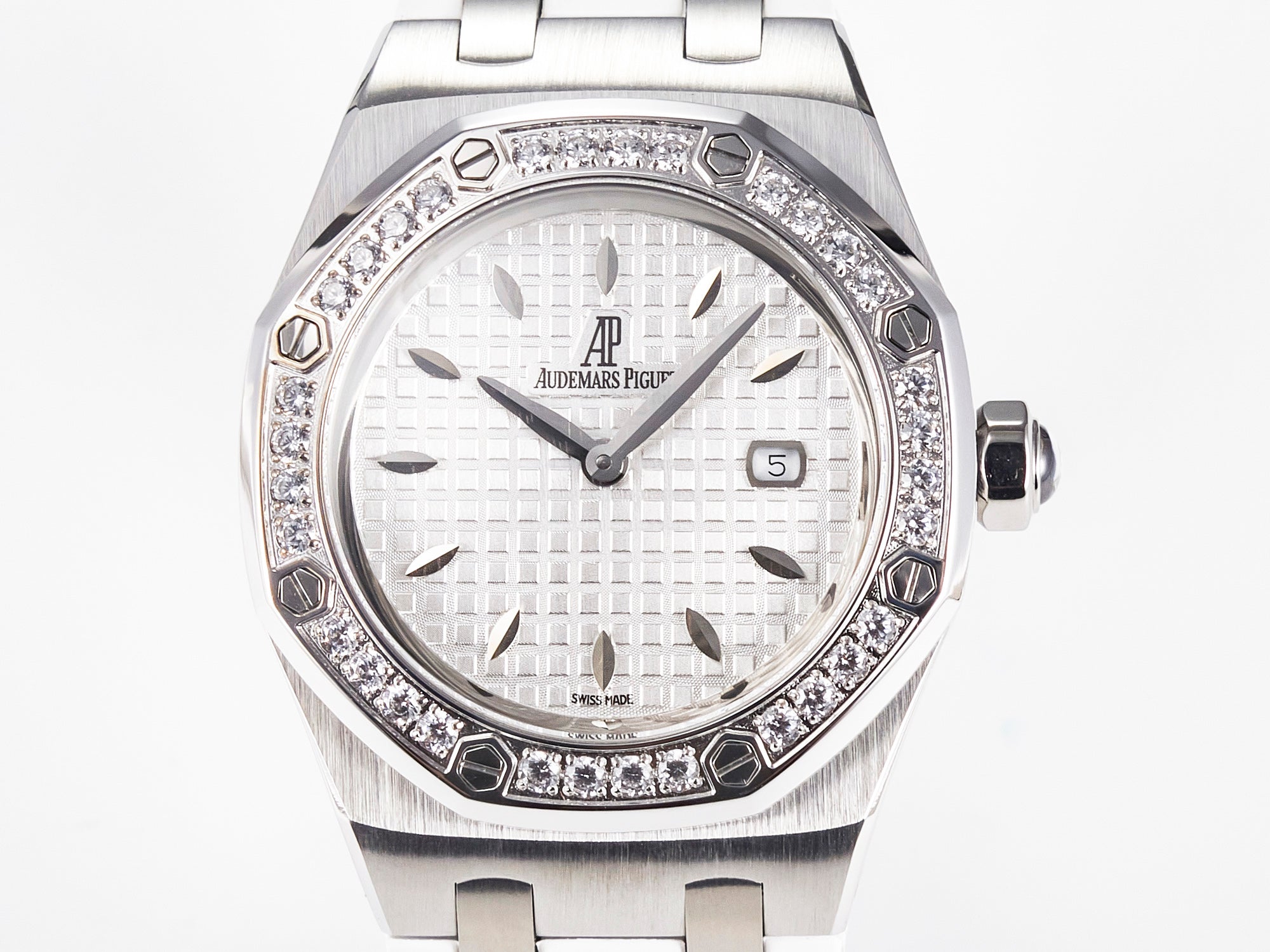 Royal Oak Offshore Ladies 33mm SS DRF Best Edition White Dial Diamonds Bezel on White Rubber Strap