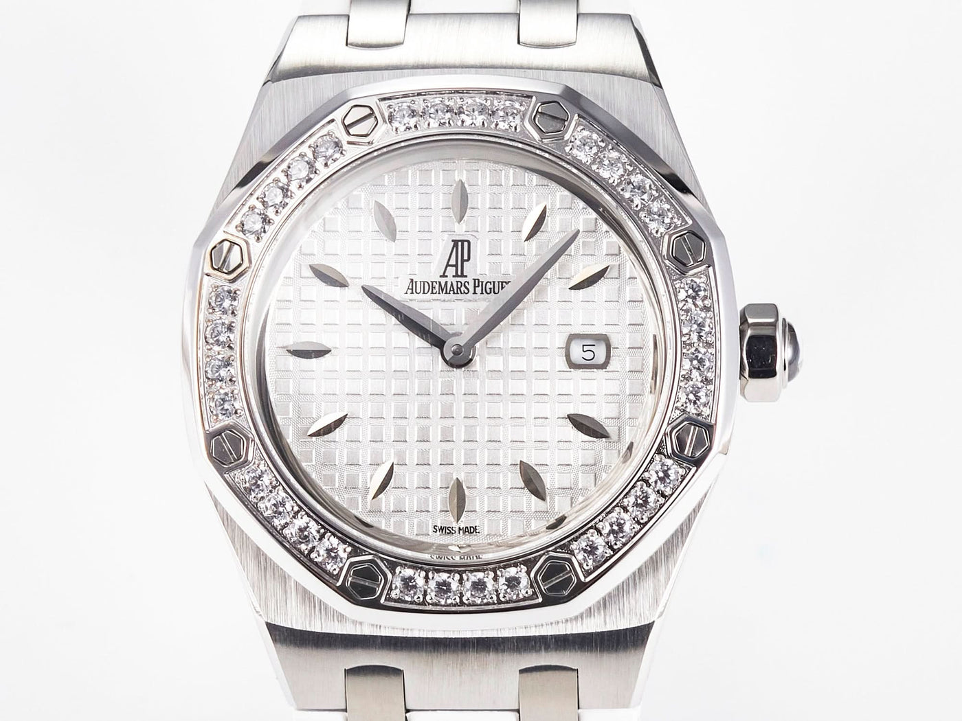 Royal Oak Offshore Ladies 33mm SS DRF Best Edition White Dial Diamonds Bezel on White Rubber Strap