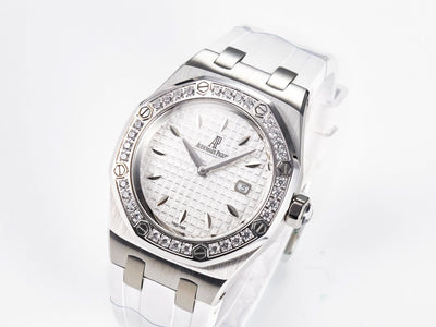 Royal Oak Offshore Ladies 33mm SS DRF Best Edition White Dial Diamonds Bezel on White Rubber Strap