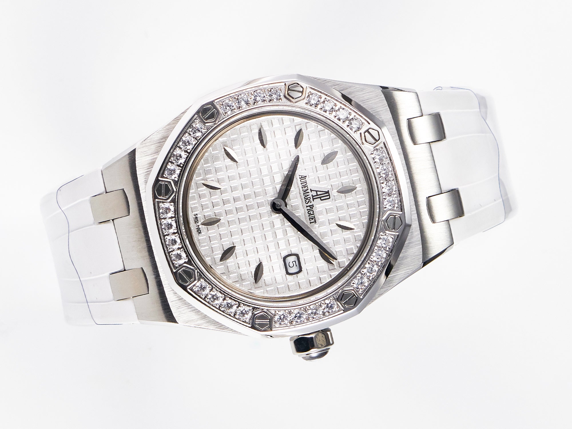 Royal Oak Offshore Ladies 33mm SS DRF Best Edition White Dial Diamonds Bezel on White Rubber Strap