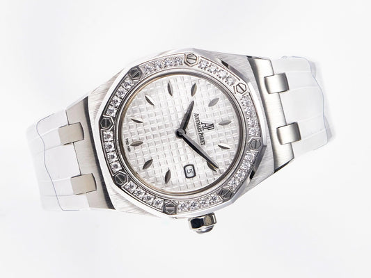 Replica Audemars Pigeut Royal Oak Offshore Ladies 33mm SS DRF Best Edition White Dial Diamonds Bezel on White Rubber Strap |  Declock.
