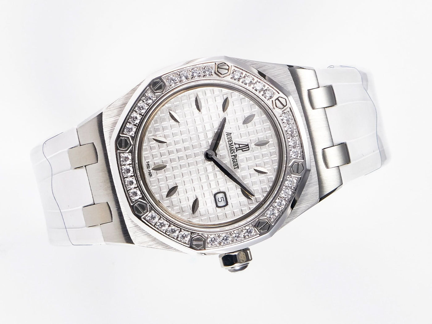 Royal Oak Offshore Ladies 33mm SS DRF Best Edition White Dial Diamonds Bezel on White Rubber Strap