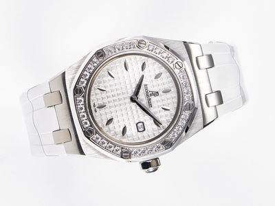 Royal Oak Offshore Ladies 33mm SS DRF Best Edition White Dial Diamonds Bezel on White Rubber Strap