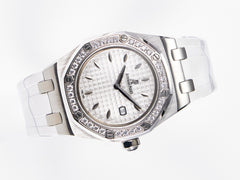 Royal Oak Offshore Ladies 33mm SS DRF Best Edition White Dial Diamonds Bezel on White Rubber Strap