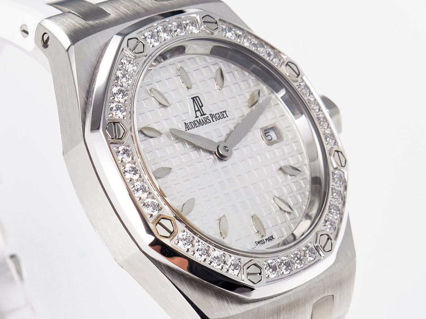 Royal Oak Offshore Ladies 33mm SS DRF Best Edition White Dial Diamonds Bezel on White Rubber Strap