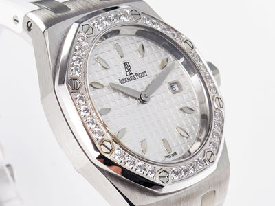 Royal Oak Offshore Ladies 33mm SS DRF Best Edition White Dial Diamonds Bezel on White Rubber Strap
