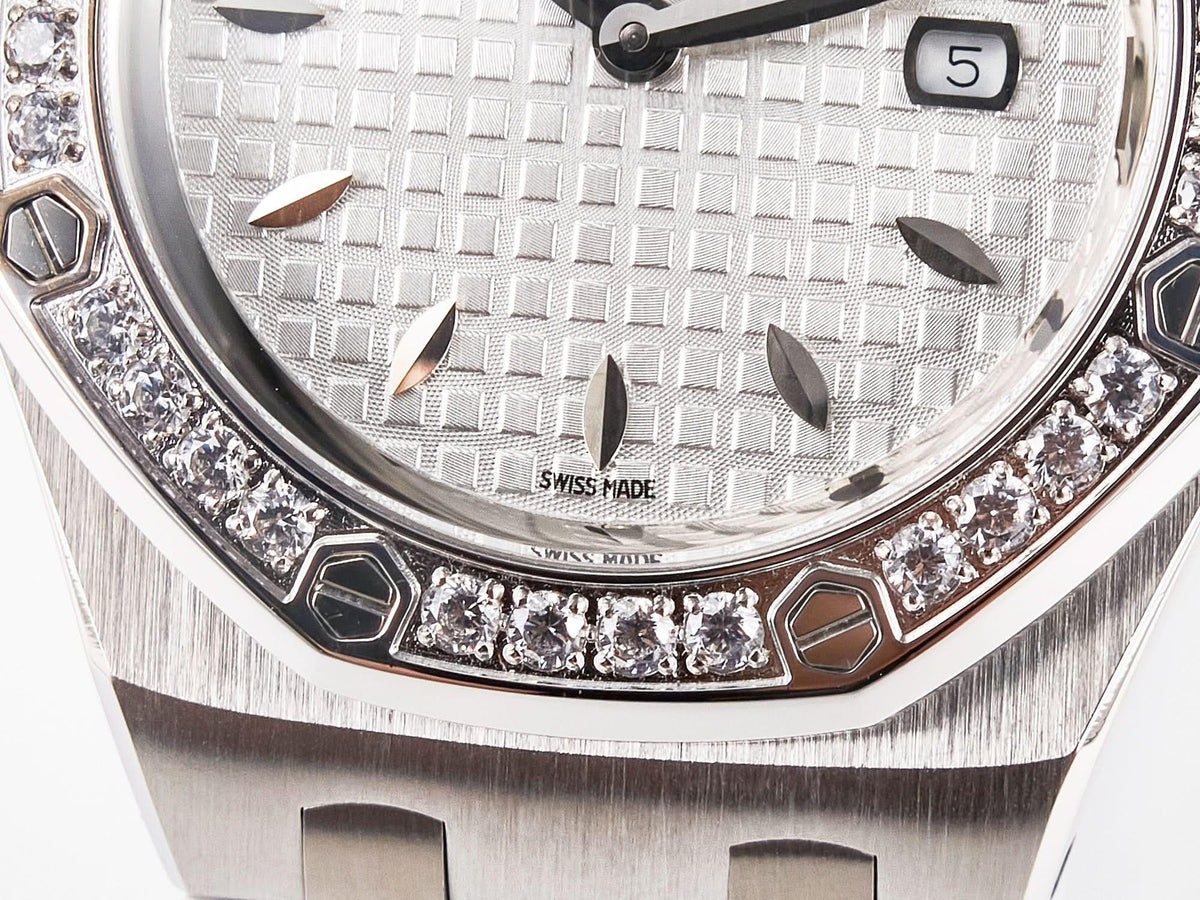 Replica Audemars Pigeut Royal Oak Offshore Ladies 33mm SS DRF Best Edition White Dial Diamonds Bezel on White Rubber Strap |  Declock.