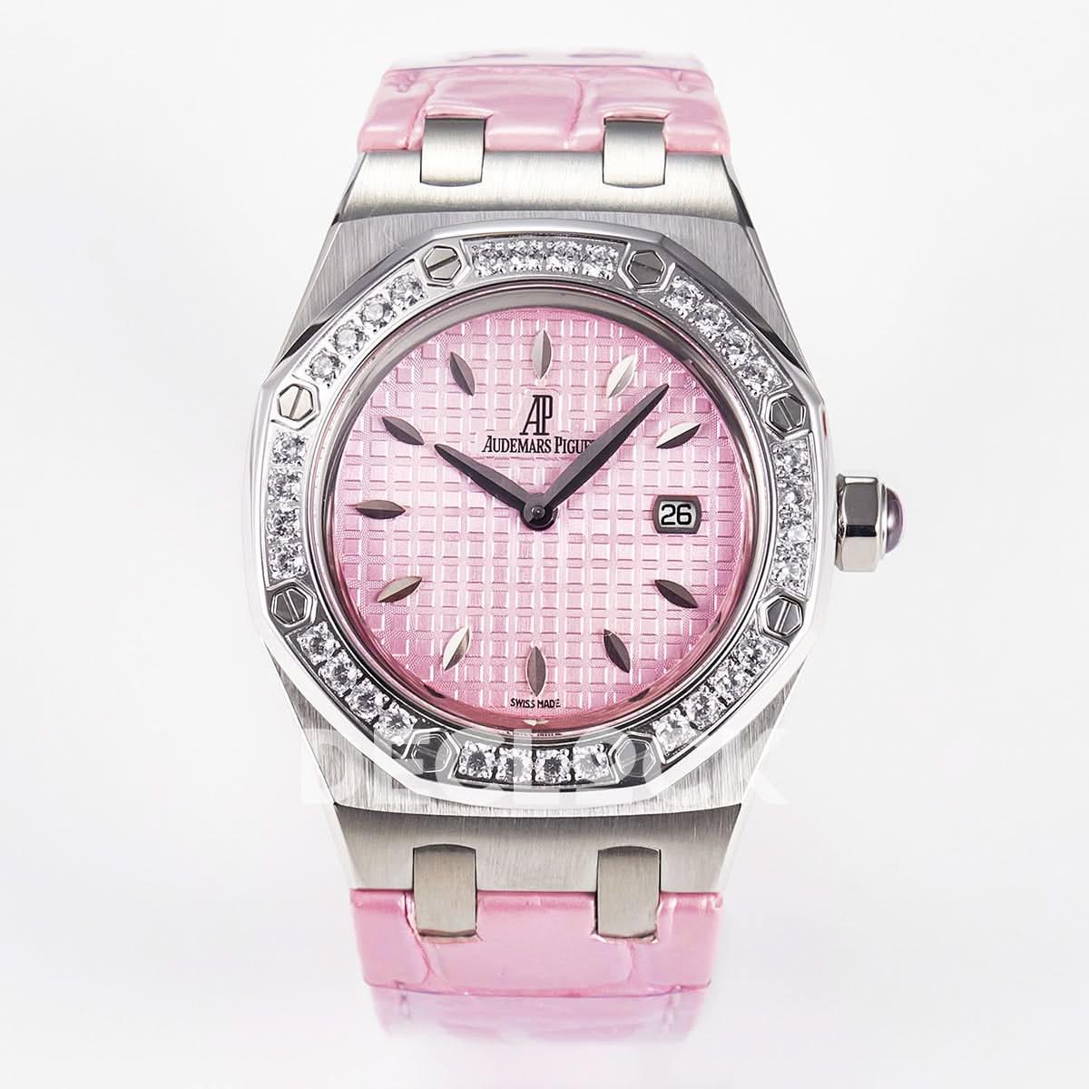 Replica Audemars Pigeut Royal Oak Offshore Ladies 33mm SS DRF Best Edition Pink Dial Diamonds Bezel on Pink Leather Strap |  Declock.