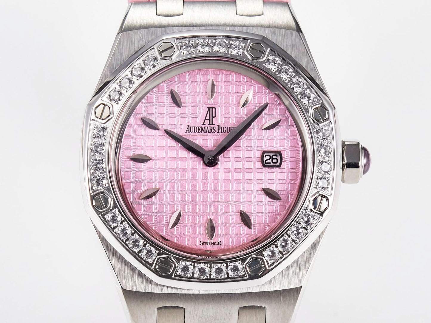 Replica Audemars Pigeut Royal Oak Offshore Ladies 33mm SS DRF Best Edition Pink Dial Diamonds Bezel on Pink Leather Strap |  Declock.