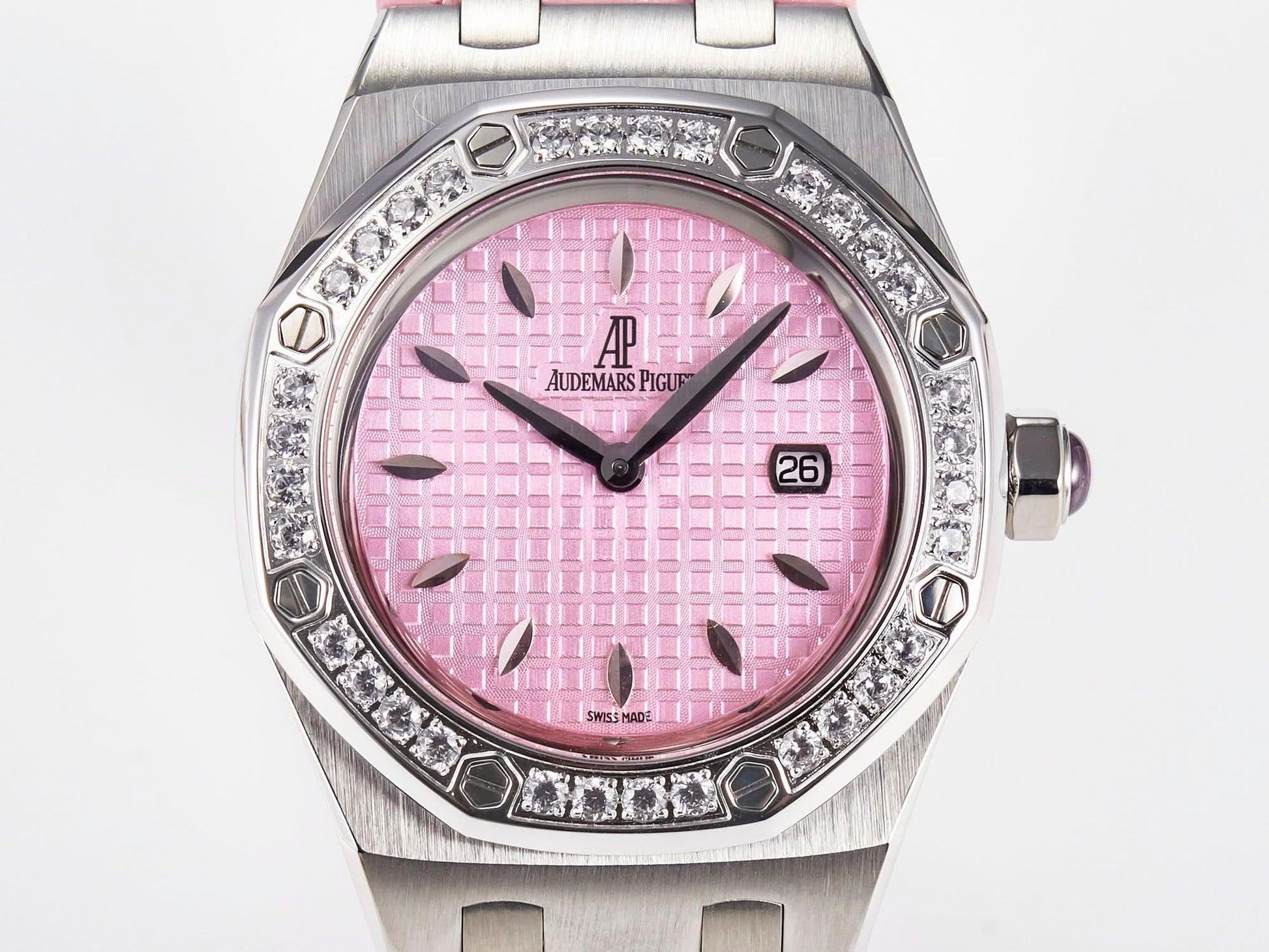 Replica Audemars Pigeut Royal Oak Offshore Ladies 33mm SS DRF Best Edition Pink Dial Diamonds Bezel on Pink Leather Strap |  Declock.