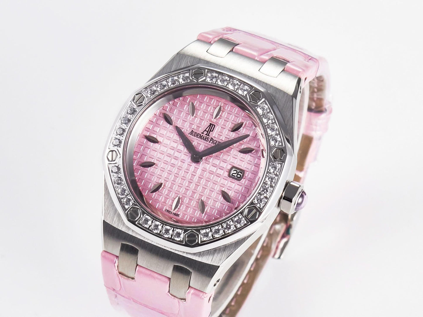 Replica Audemars Pigeut Royal Oak Offshore Ladies 33mm SS DRF Best Edition Pink Dial Diamonds Bezel on Pink Leather Strap |  Declock.