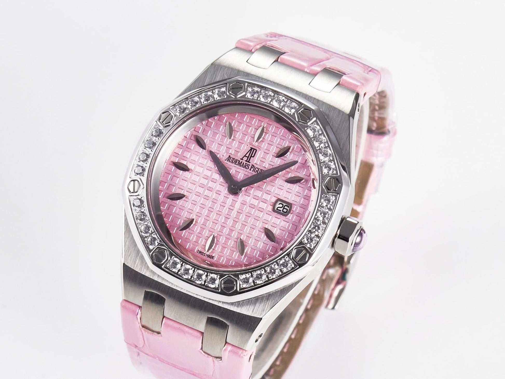 Replica Audemars Pigeut Royal Oak Offshore Ladies 33mm SS DRF Best Edition Pink Dial Diamonds Bezel on Pink Leather Strap |  Declock.