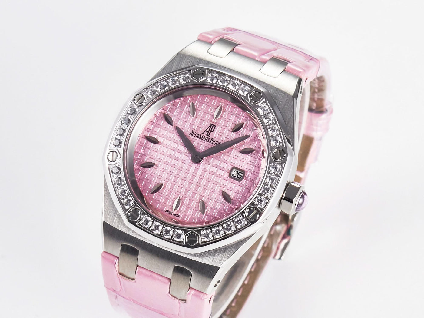 Royal Oak Offshore Ladies 33mm SS DRF Best Edition Pink Dial Diamonds Bezel on Pink Leather Strap
