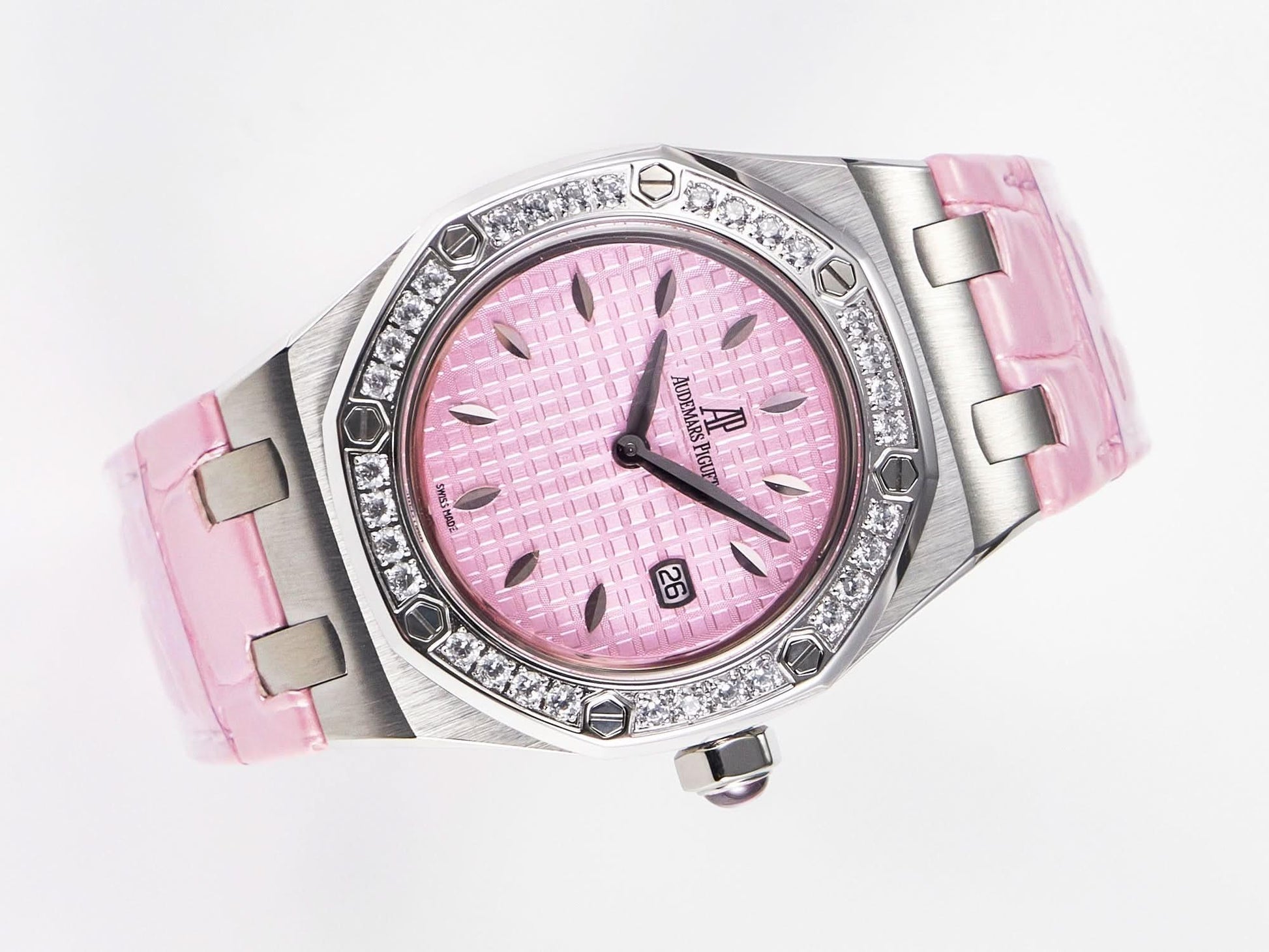 Replica Audemars Pigeut Royal Oak Offshore Ladies 33mm SS DRF Best Edition Pink Dial Diamonds Bezel on Pink Leather Strap |  Declock.