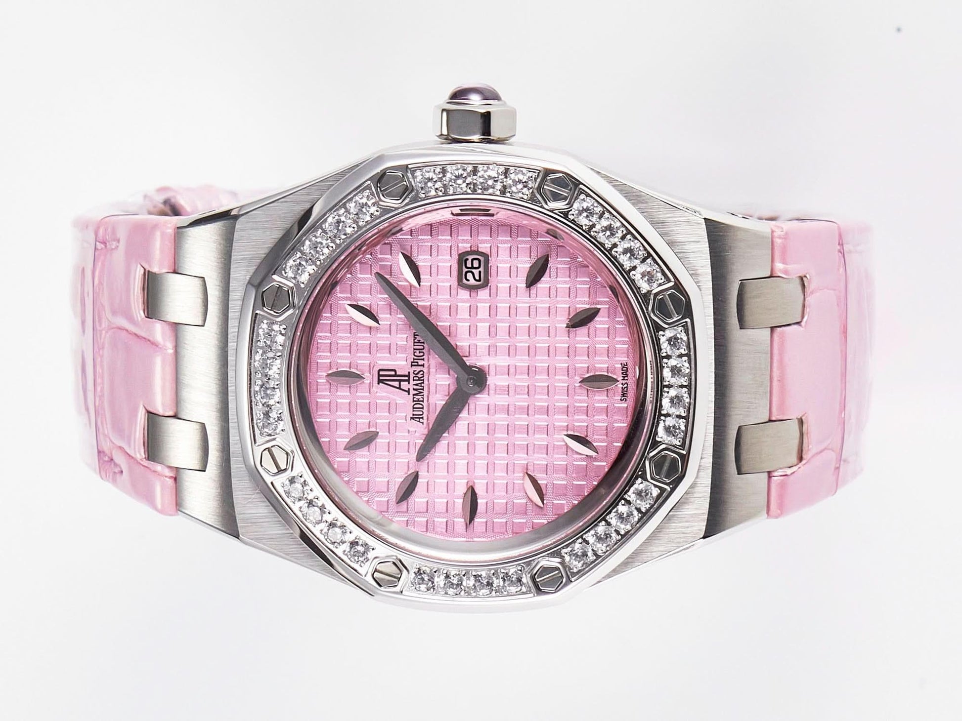 Replica Audemars Pigeut Royal Oak Offshore Ladies 33mm SS DRF Best Edition Pink Dial Diamonds Bezel on Pink Leather Strap |  Declock.