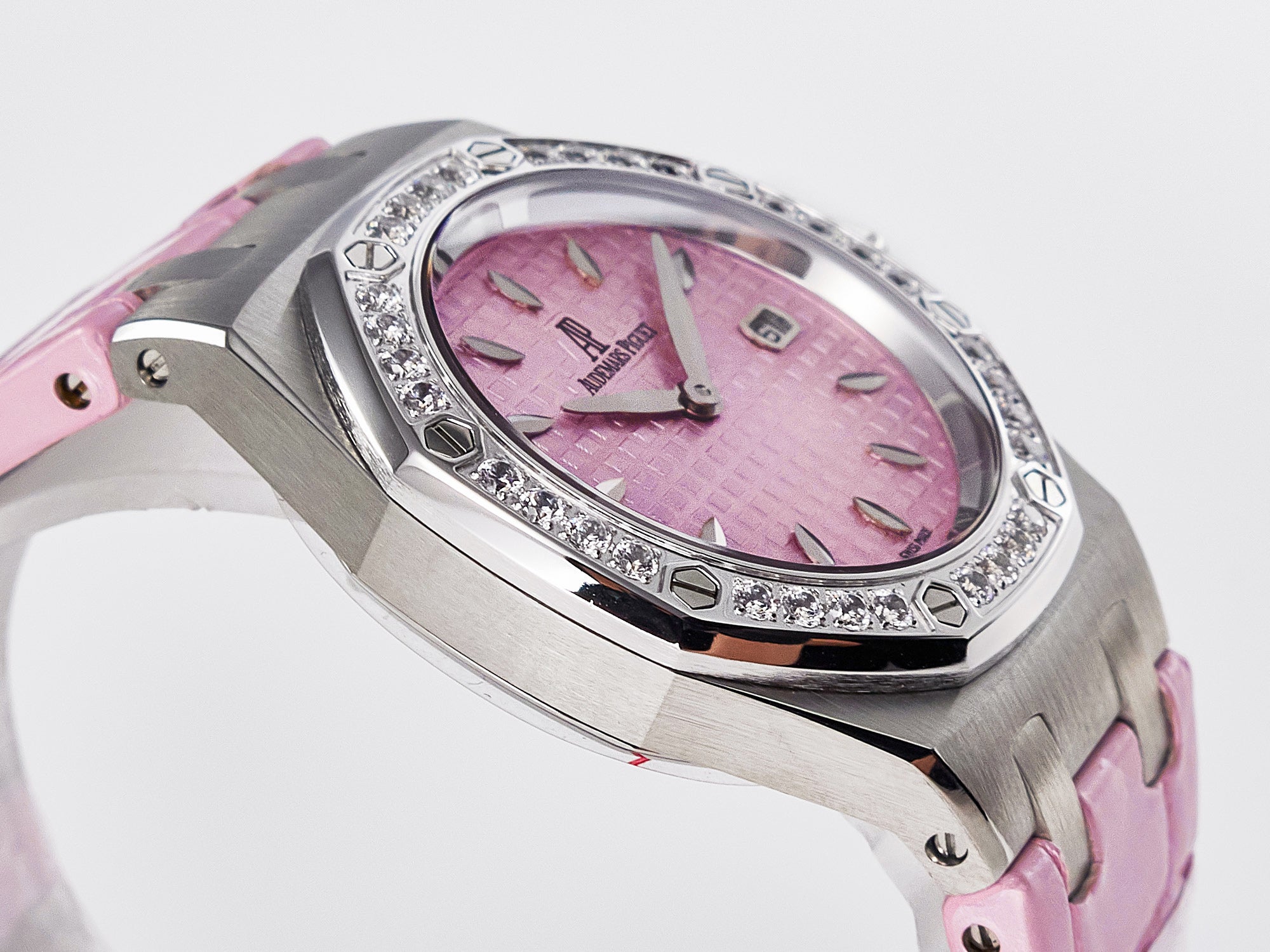 Royal Oak Offshore Ladies 33mm SS DRF Best Edition Pink Dial Diamonds Bezel on Pink Leather Strap
