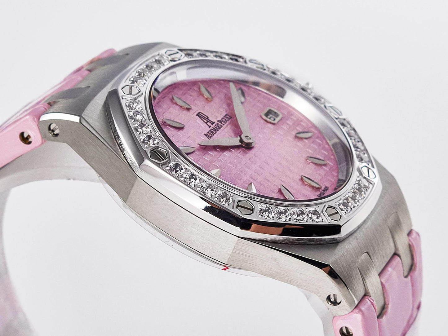 Replica Audemars Pigeut Royal Oak Offshore Ladies 33mm SS DRF Best Edition Pink Dial Diamonds Bezel on Pink Leather Strap |  Declock.