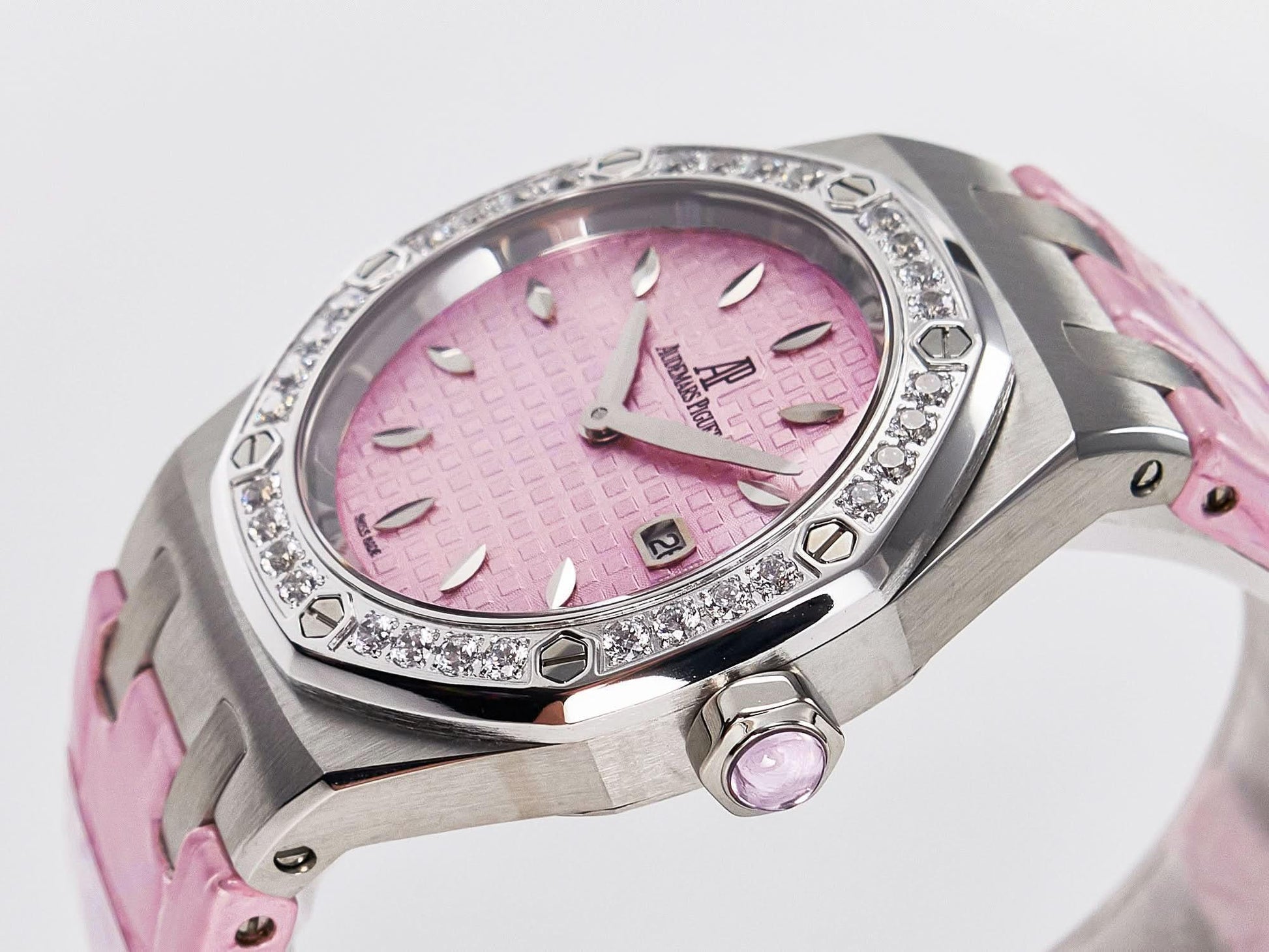 Replica Audemars Pigeut Royal Oak Offshore Ladies 33mm SS DRF Best Edition Pink Dial Diamonds Bezel on Pink Leather Strap |  Declock.