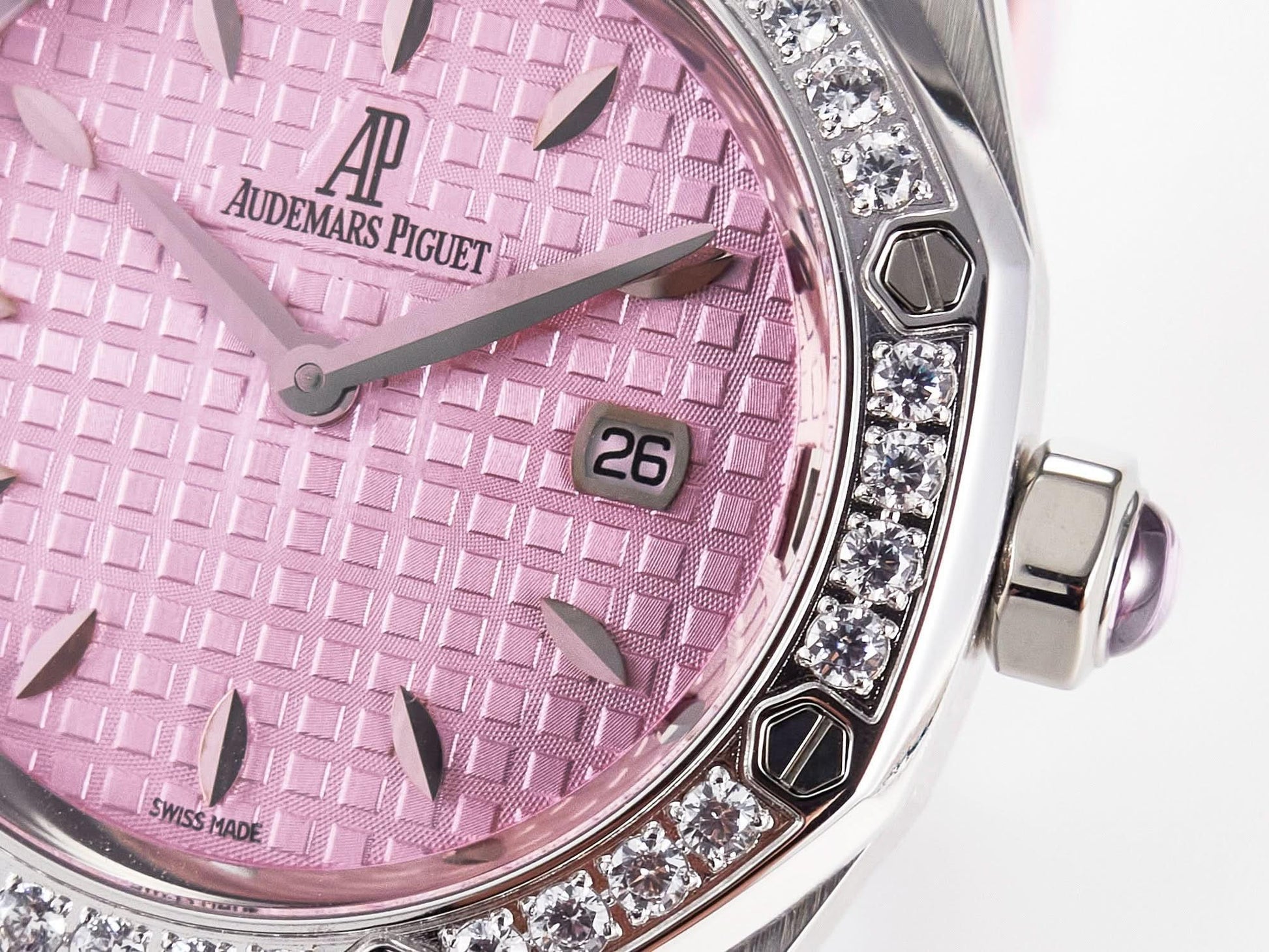 Replica Audemars Pigeut Royal Oak Offshore Ladies 33mm SS DRF Best Edition Pink Dial Diamonds Bezel on Pink Leather Strap |  Declock.