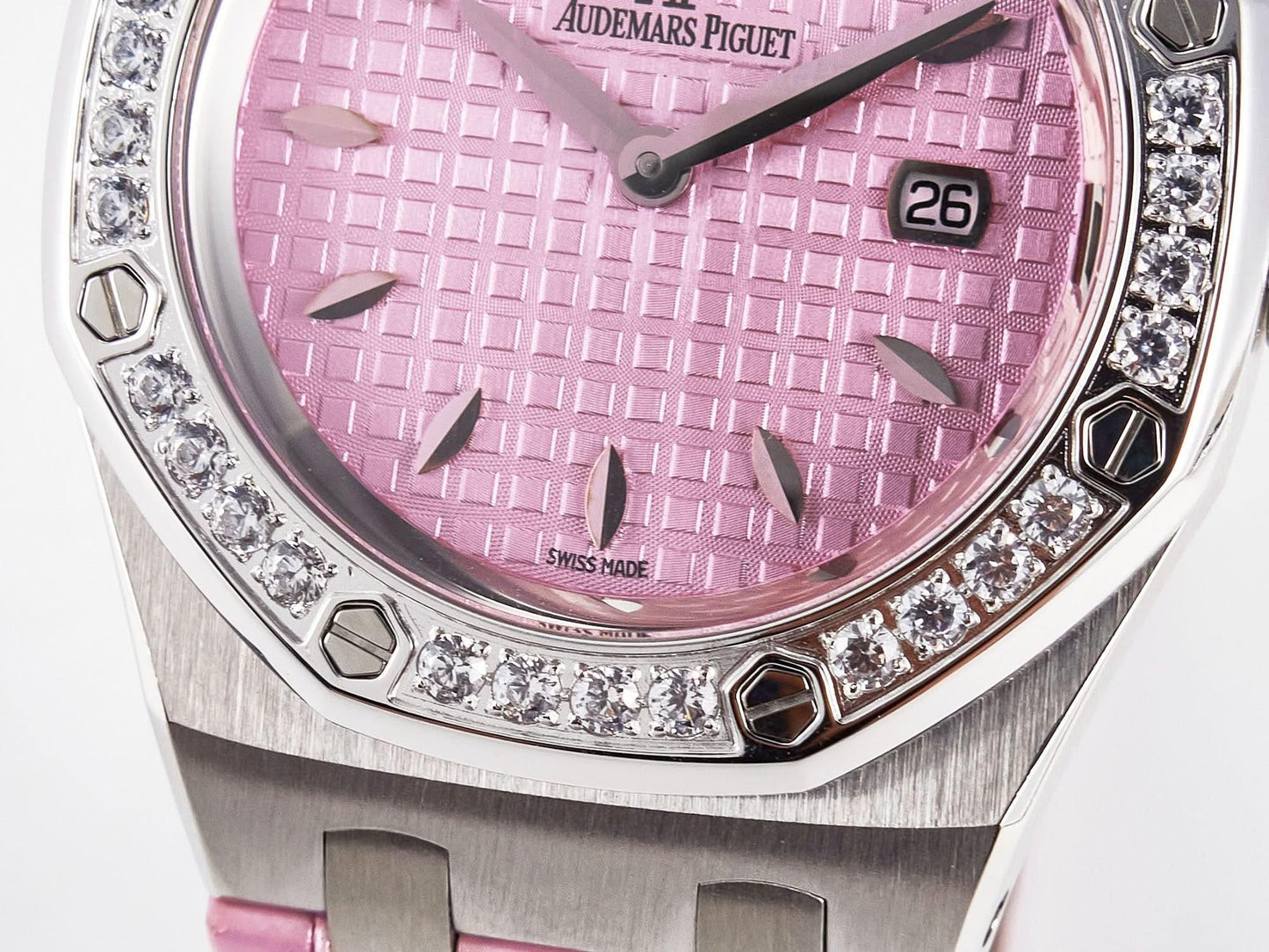 Replica Audemars Pigeut Royal Oak Offshore Ladies 33mm SS DRF Best Edition Pink Dial Diamonds Bezel on Pink Leather Strap |  Declock.
