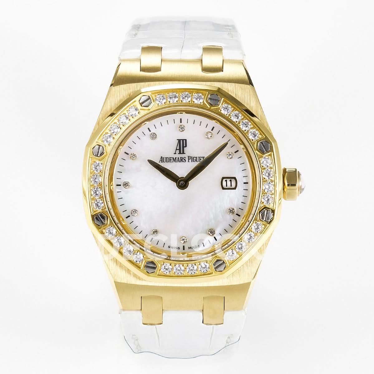 Replica Audemars Pigeut Royal Oak Ladies 33mm YG DRF Best Edition MOP Dial Diamonds Bezel on White Rubber Strap |  Declock.