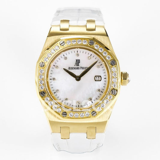 Replica Audemars Pigeut Royal Oak Ladies 33mm YG DRF Best Edition MOP Dial Diamonds Bezel on White Rubber Strap |  Declock.