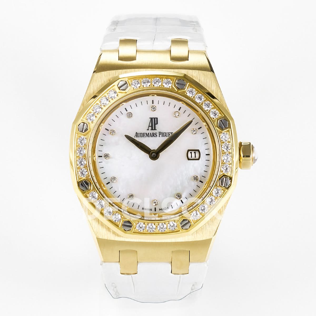 Royal Oak Ladies 33mm YG DRF Best Edition MOP Dial Diamonds Bezel on White Rubber Strap