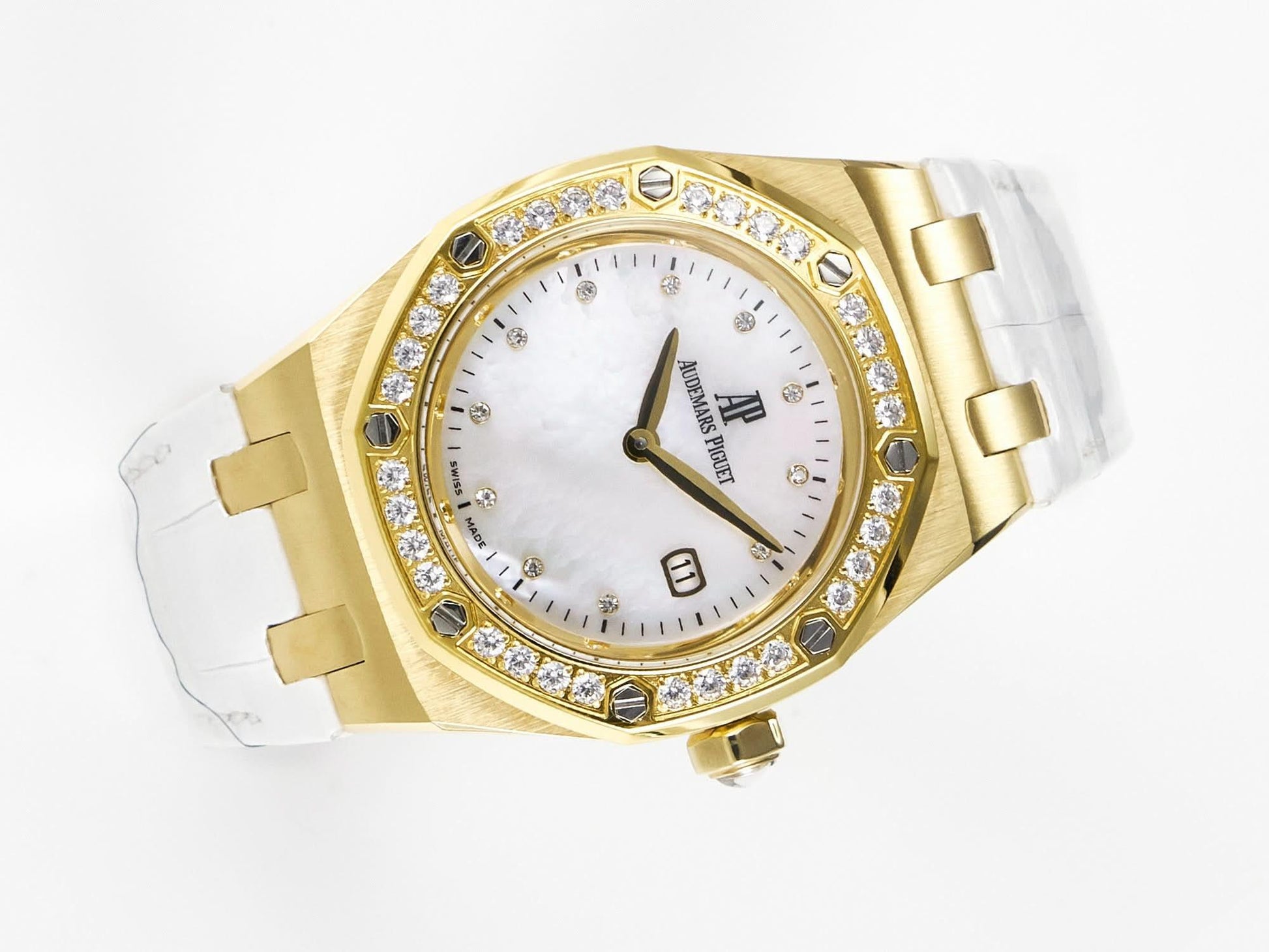 Replica Audemars Pigeut Royal Oak Ladies 33mm YG DRF Best Edition MOP Dial Diamonds Bezel on White Rubber Strap |  Declock.