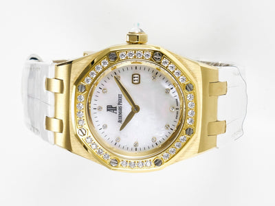 Royal Oak Ladies 33mm YG DRF Best Edition MOP Dial Diamonds Bezel on White Rubber Strap
