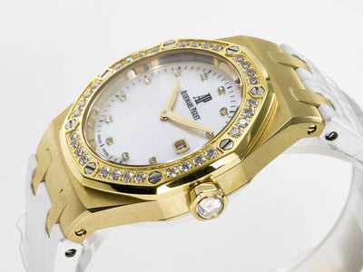 Royal Oak Ladies 33mm YG DRF Best Edition MOP Dial Diamonds Bezel on White Rubber Strap