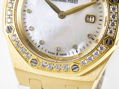 Royal Oak Ladies 33mm YG DRF Best Edition MOP Dial Diamonds Bezel on White Rubber Strap