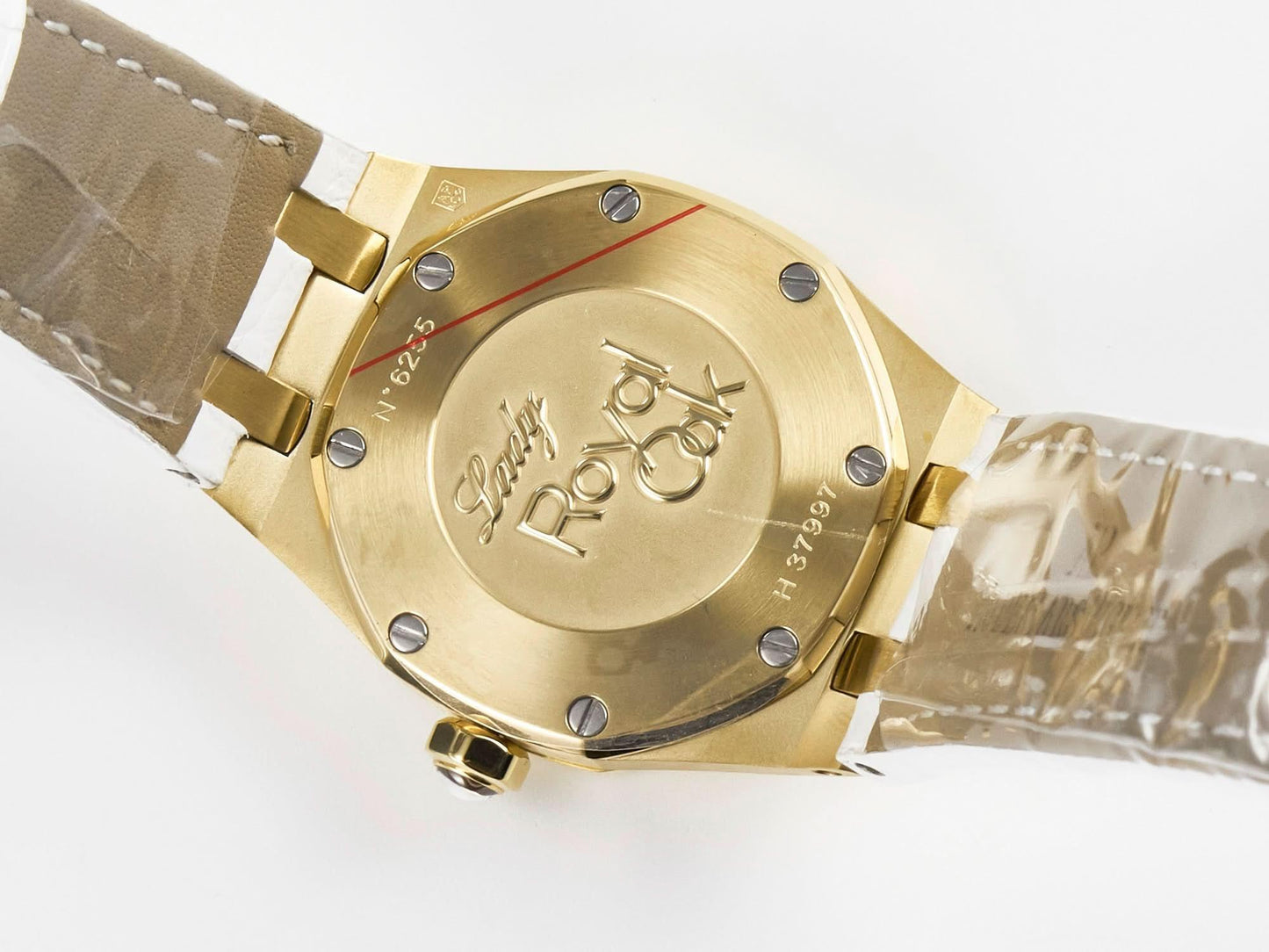 Replica Audemars Pigeut Royal Oak Ladies 33mm YG DRF Best Edition MOP Dial Diamonds Bezel on White Rubber Strap |  Declock.