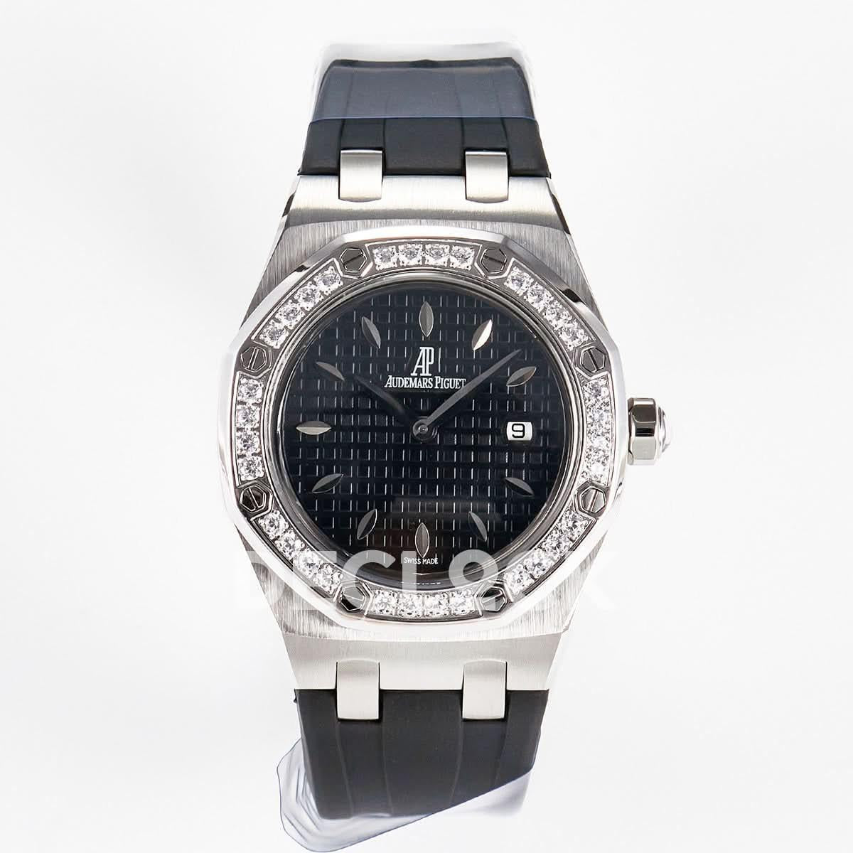 Replica Audemars Pigeut Royal Oak Offshore Ladies 33mm SS DRF Best Edition Black Dial Diamonds Bezel on Black Rubber |  Declock.