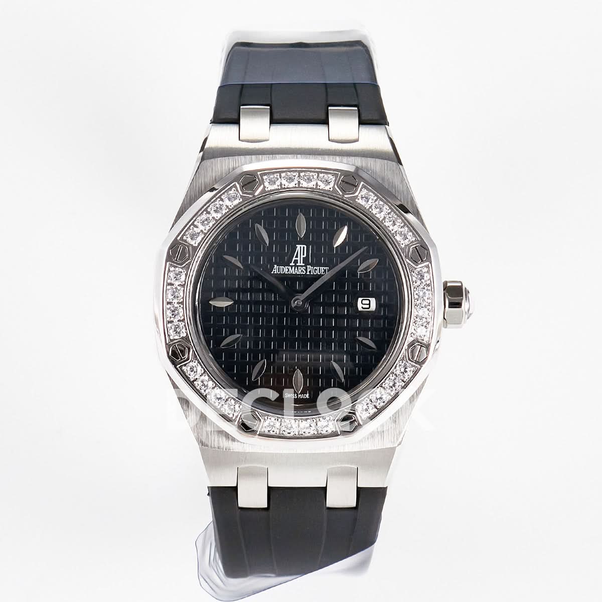 Royal Oak Offshore Ladies 33mm SS DRF Best Edition Black Dial Diamonds Bezel on Black Rubber
