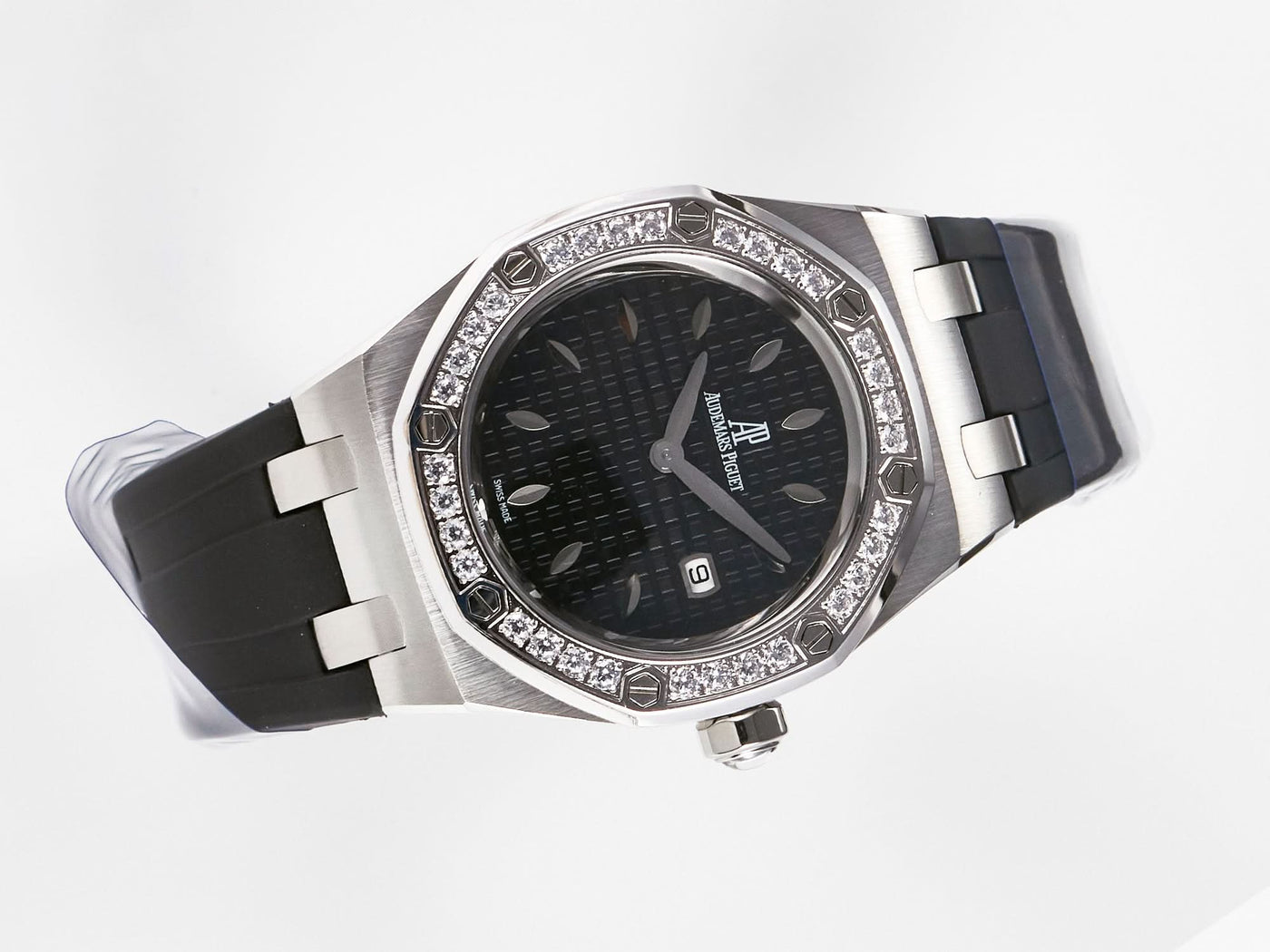 Royal Oak Offshore Ladies 33mm SS DRF Best Edition Black Dial Diamonds Bezel on Black Rubber