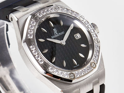 Royal Oak Offshore Ladies 33mm SS DRF Best Edition Black Dial Diamonds Bezel on Black Rubber