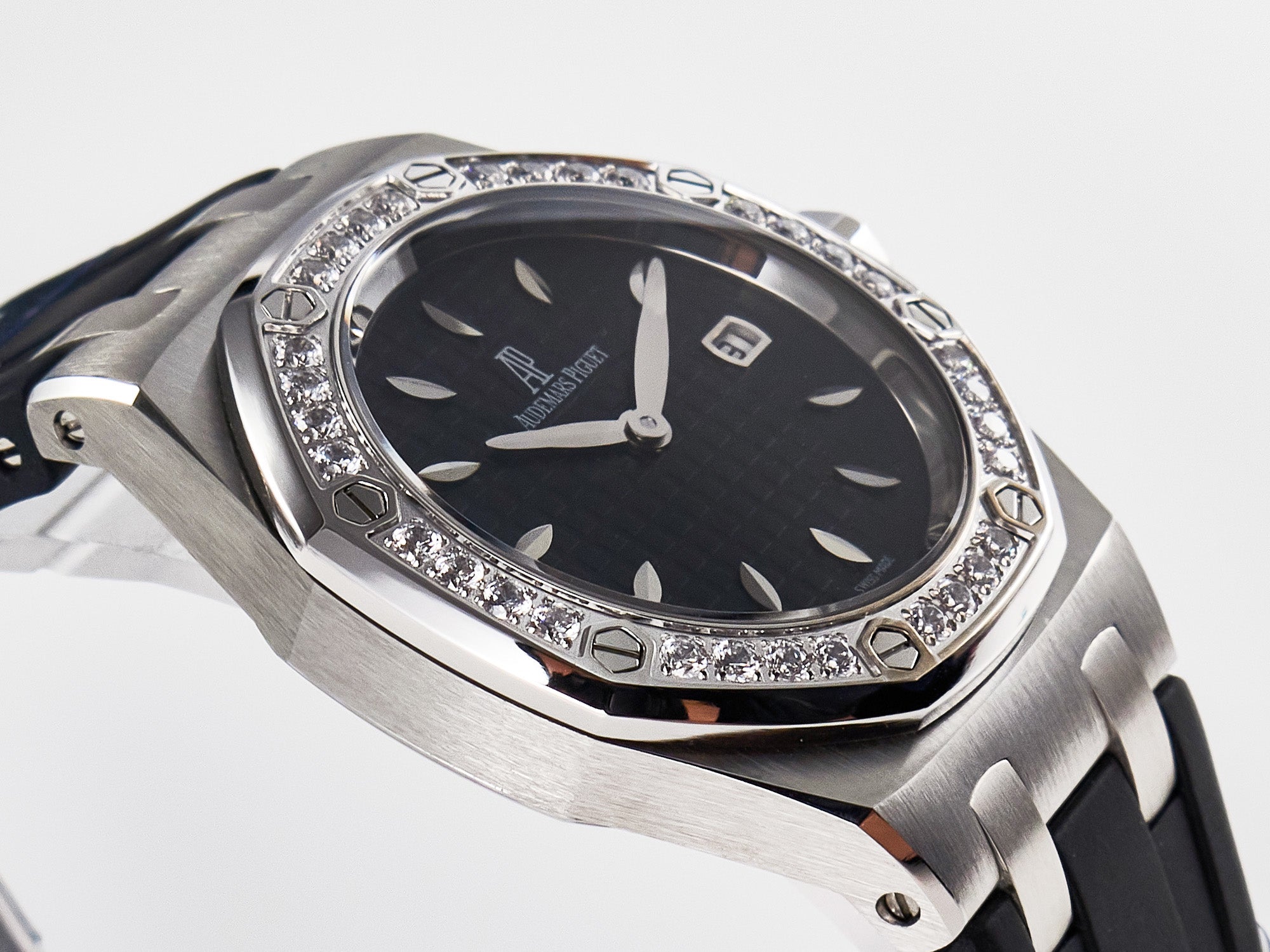 Royal Oak Offshore Ladies 33mm SS DRF Best Edition Black Dial Diamonds Bezel on Black Rubber