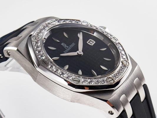 Replica Audemars Pigeut Royal Oak Offshore Ladies 33mm SS DRF Best Edition Black Dial Diamonds Bezel on Black Rubber | Declock.