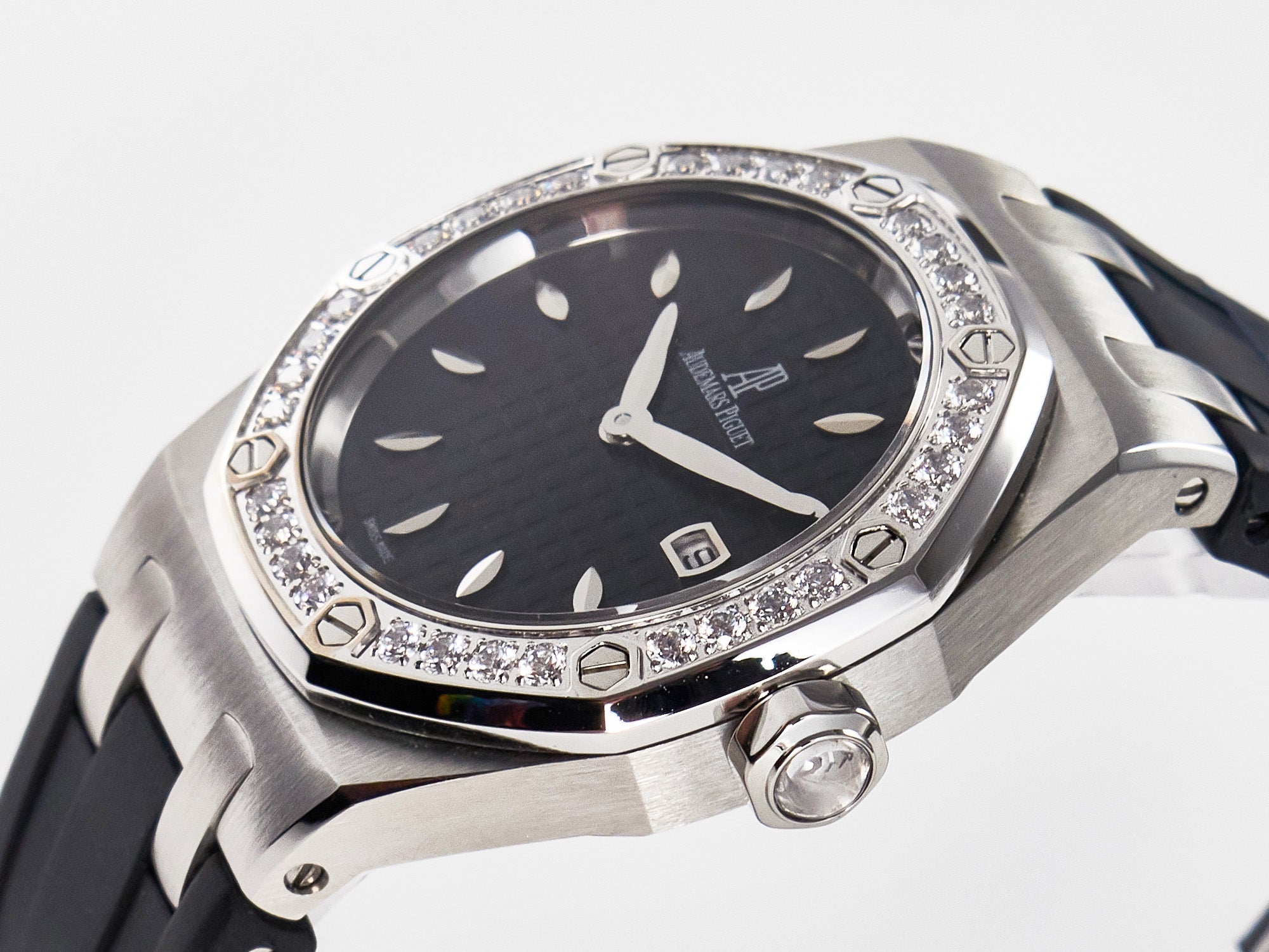 Royal Oak Offshore Ladies 33mm SS DRF Best Edition Black Dial Diamonds Bezel on Black Rubber