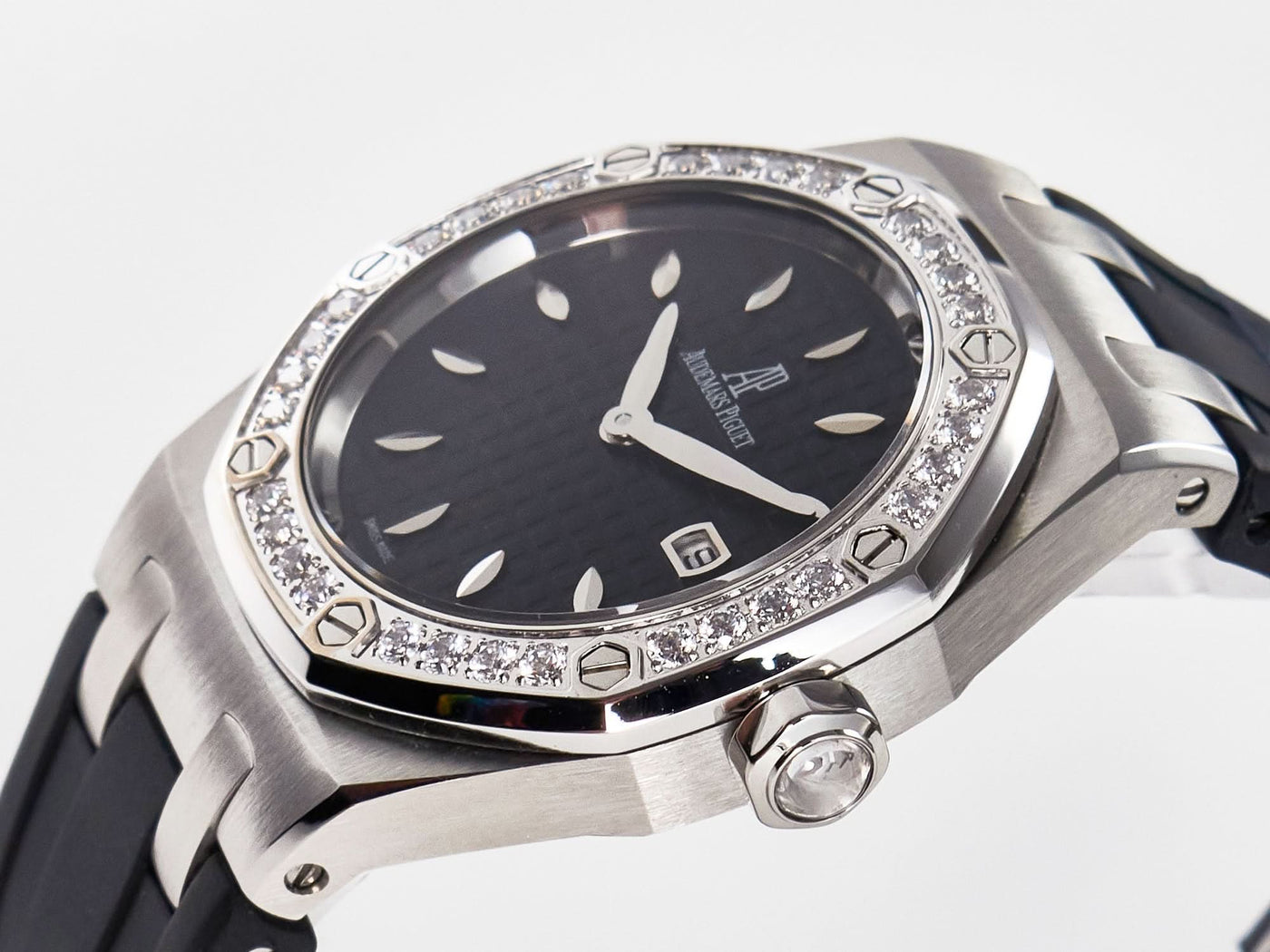 Royal Oak Offshore Ladies 33mm SS DRF Best Edition Black Dial Diamonds Bezel on Black Rubber