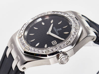 Royal Oak Offshore Ladies 33mm SS DRF Best Edition Black Dial Diamonds Bezel on Black Rubber