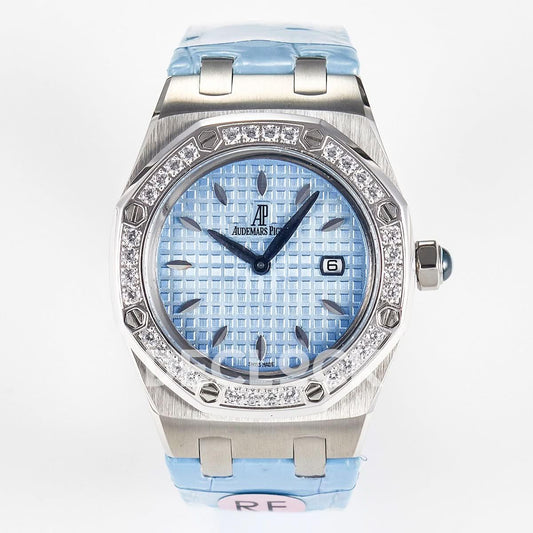 Replica Audemars Pigeut Royal Oak Offshore Ladies 33mm SS DRF Best Edition Blue Dial Diamonds Bezel on Blue Leather Strap | Declock.