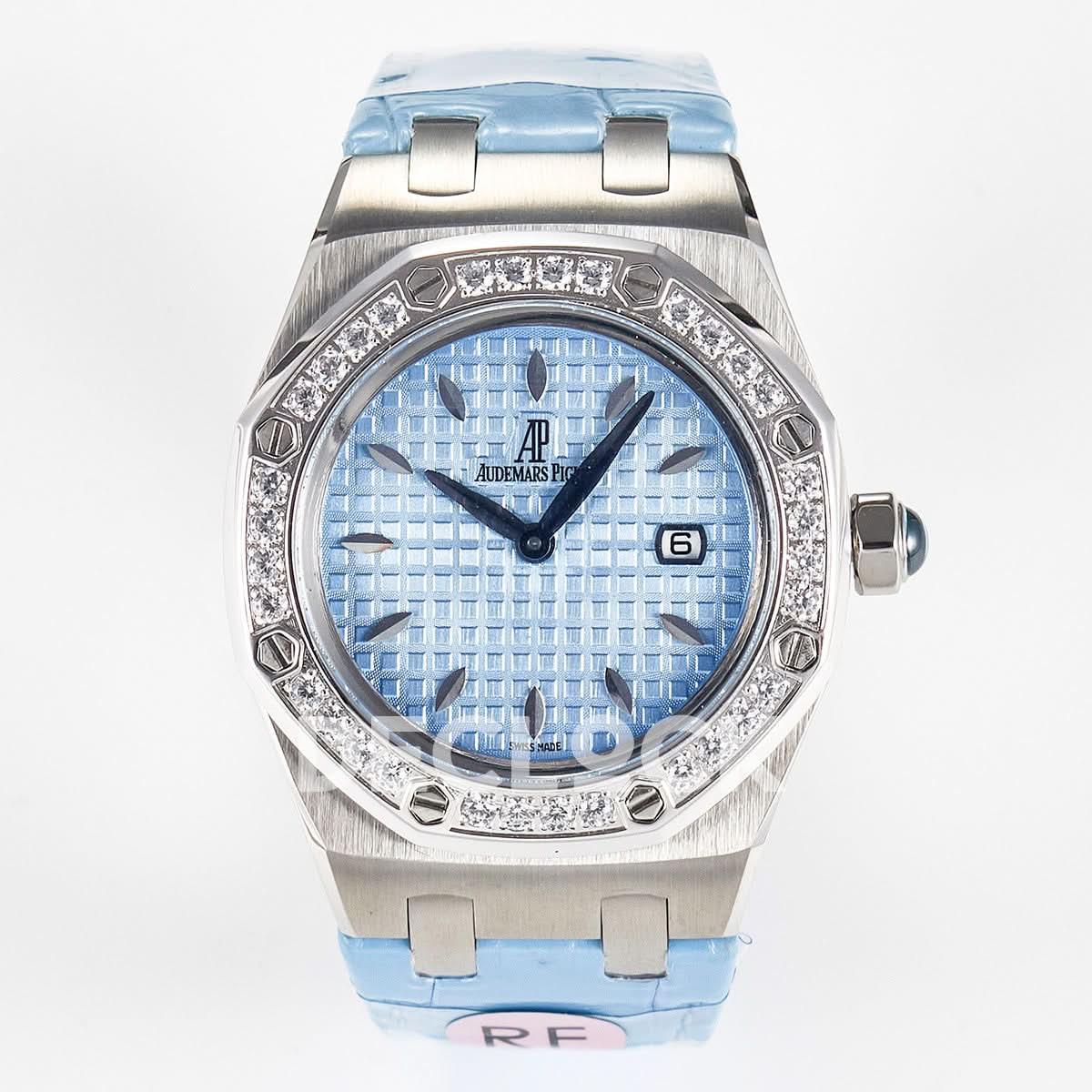 Replica Audemars Pigeut Royal Oak Offshore Ladies 33mm SS DRF Best Edition Blue Dial Diamonds Bezel on Blue Leather Strap |  Declock.